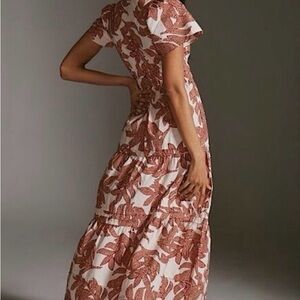 Anthropologie Somerset Deep Red and White Leaf Maxi Dress